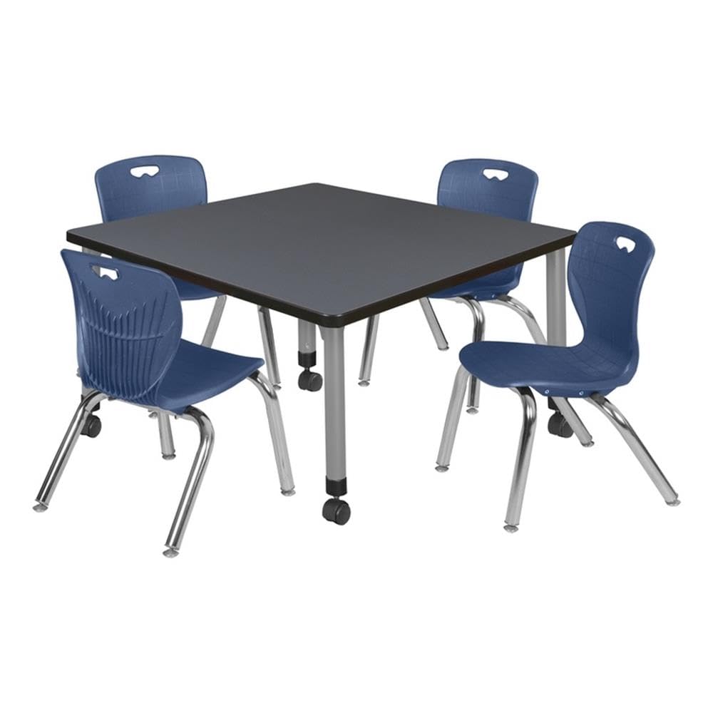42" Square Mobile Table with 4 Blue Stack Chairs Y758884