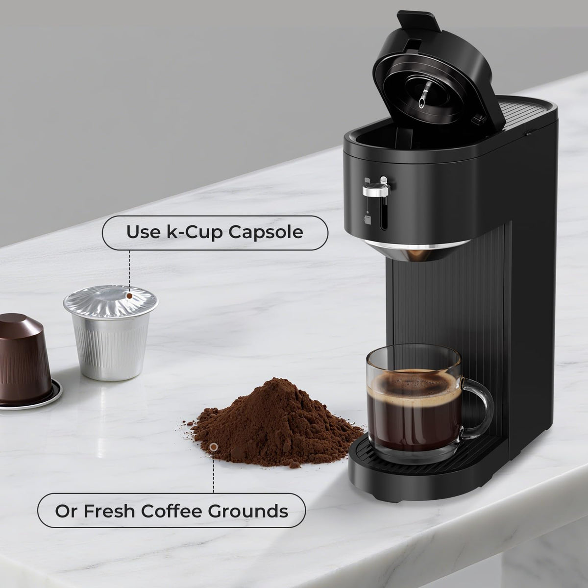 Single Serve Coffee Maker for K Cup and Ground Coffee, 6oz-14oz, Matte Black E17942