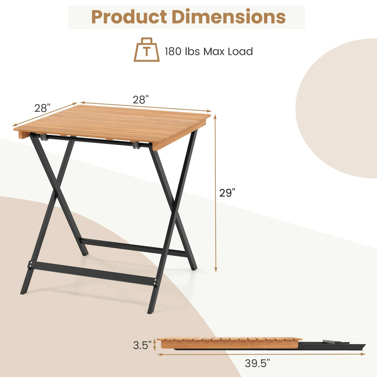 28-Inch Acacia Wood Square Foldable Patio Dining Table G77294