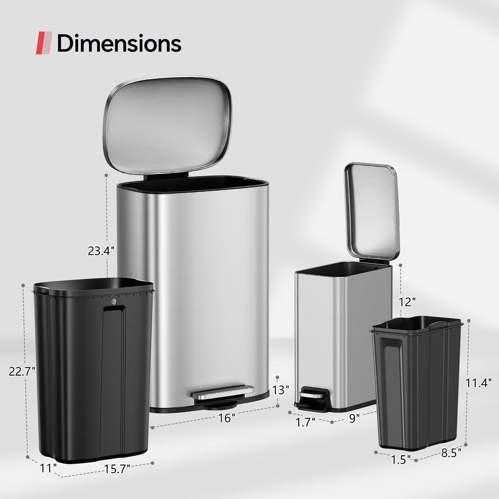 13 Gallon and 1.6 Gallon Stainless Steel Trash Can Set with Lid and Step-on Pedal D8618