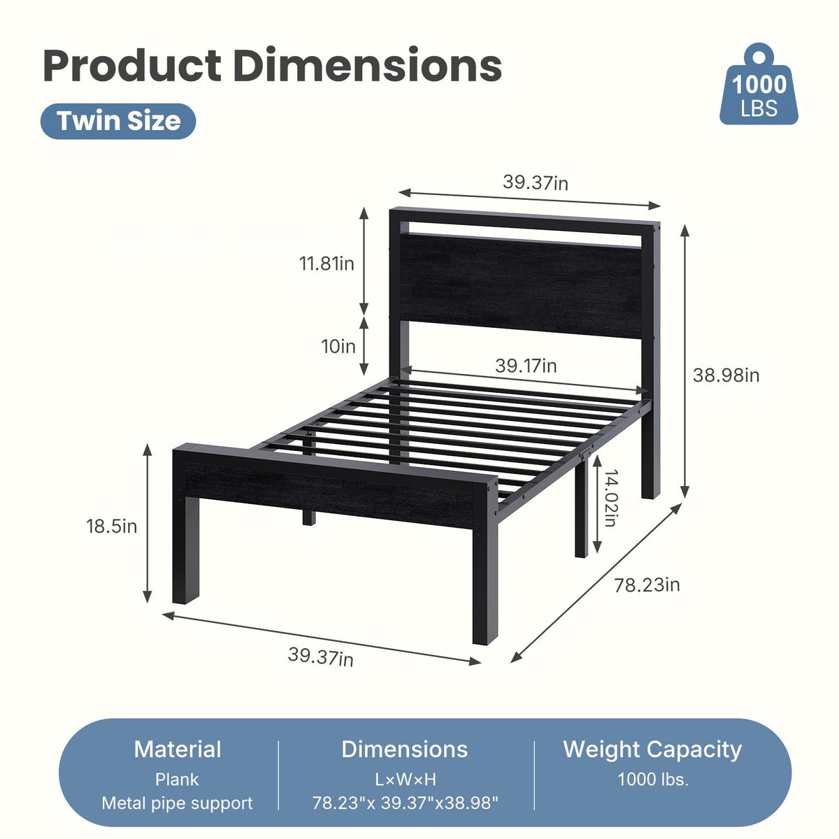 14 Inch Twin Size Metal Bed Frame with Wood Headboard I994