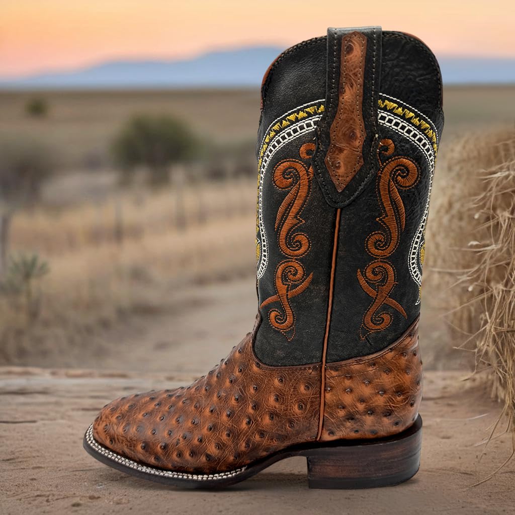 Leather Ostrich Quill Print Square Toe Western Cowboy Boot B98419