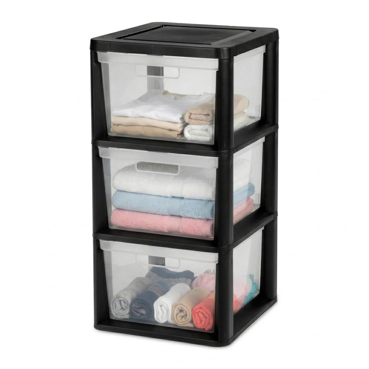 Black 3 Drawer Plastic Storage Tower with Clear Removable Bins C731
