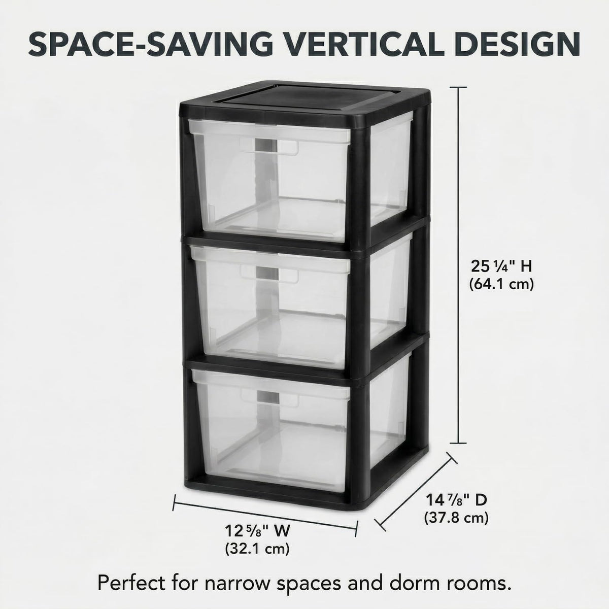 Black 3 Drawer Plastic Storage Tower with Clear Removable Bins C731