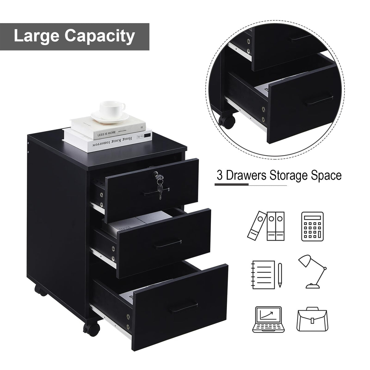 3 Drawer Black File Cabinet with Lock K7741