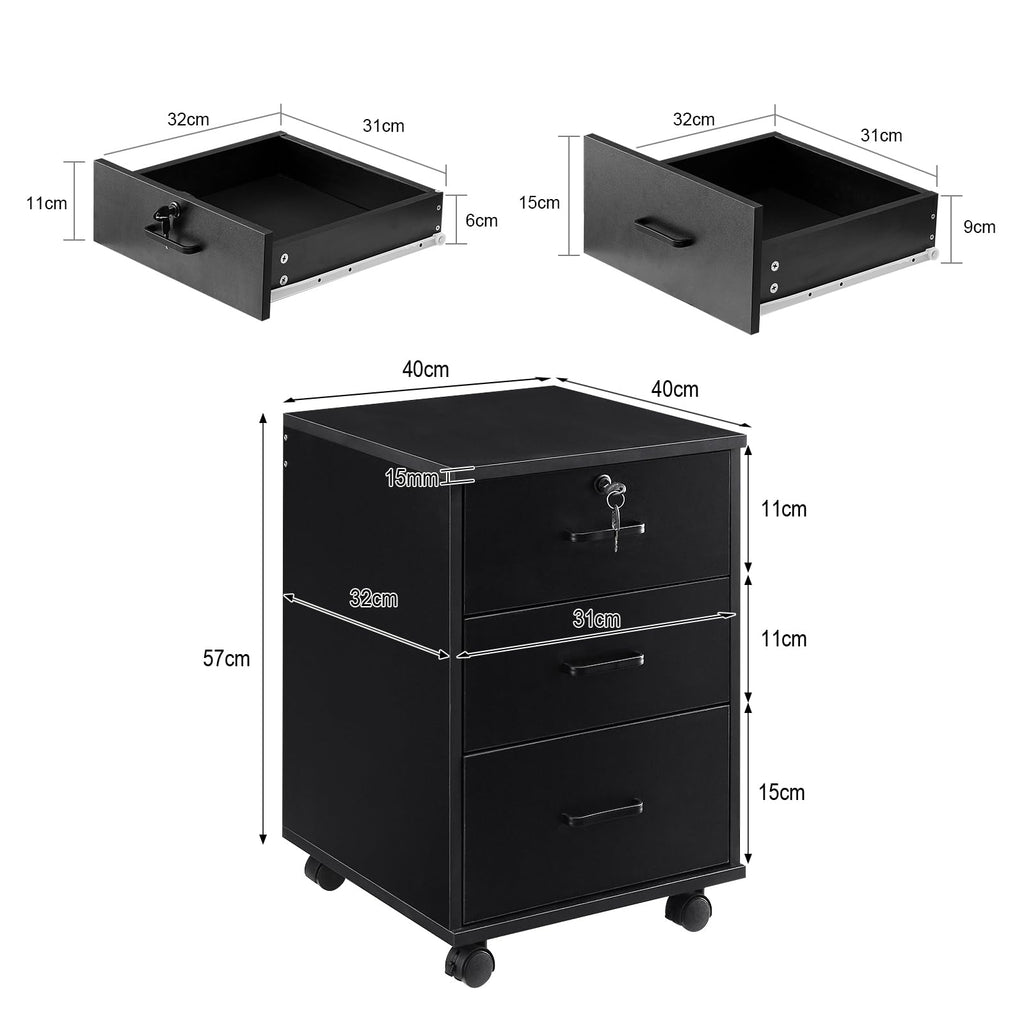 3 Drawer Black File Cabinet with Lock K7741
