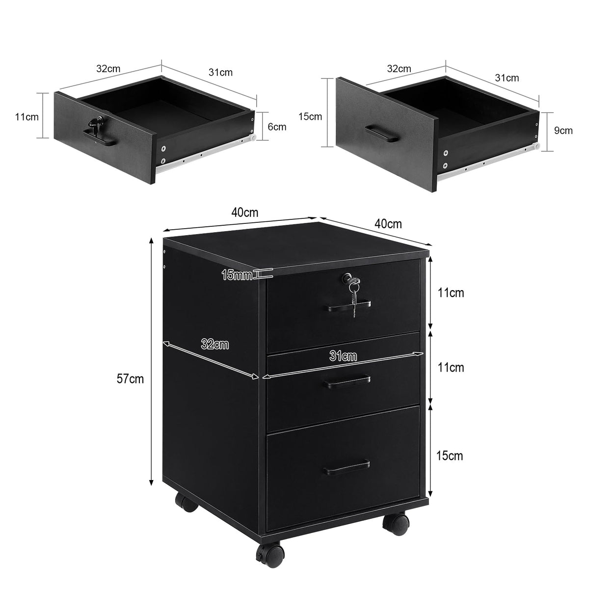 3 Drawer Black File Cabinet with Lock K7741