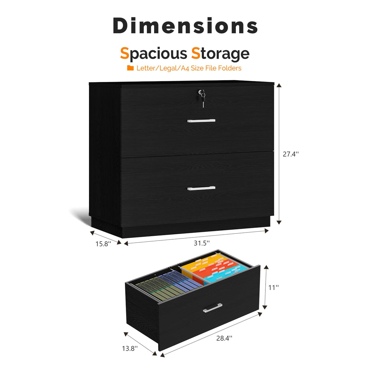 Black 2 Drawer Wood Lateral File Cabinet with Lock M677803