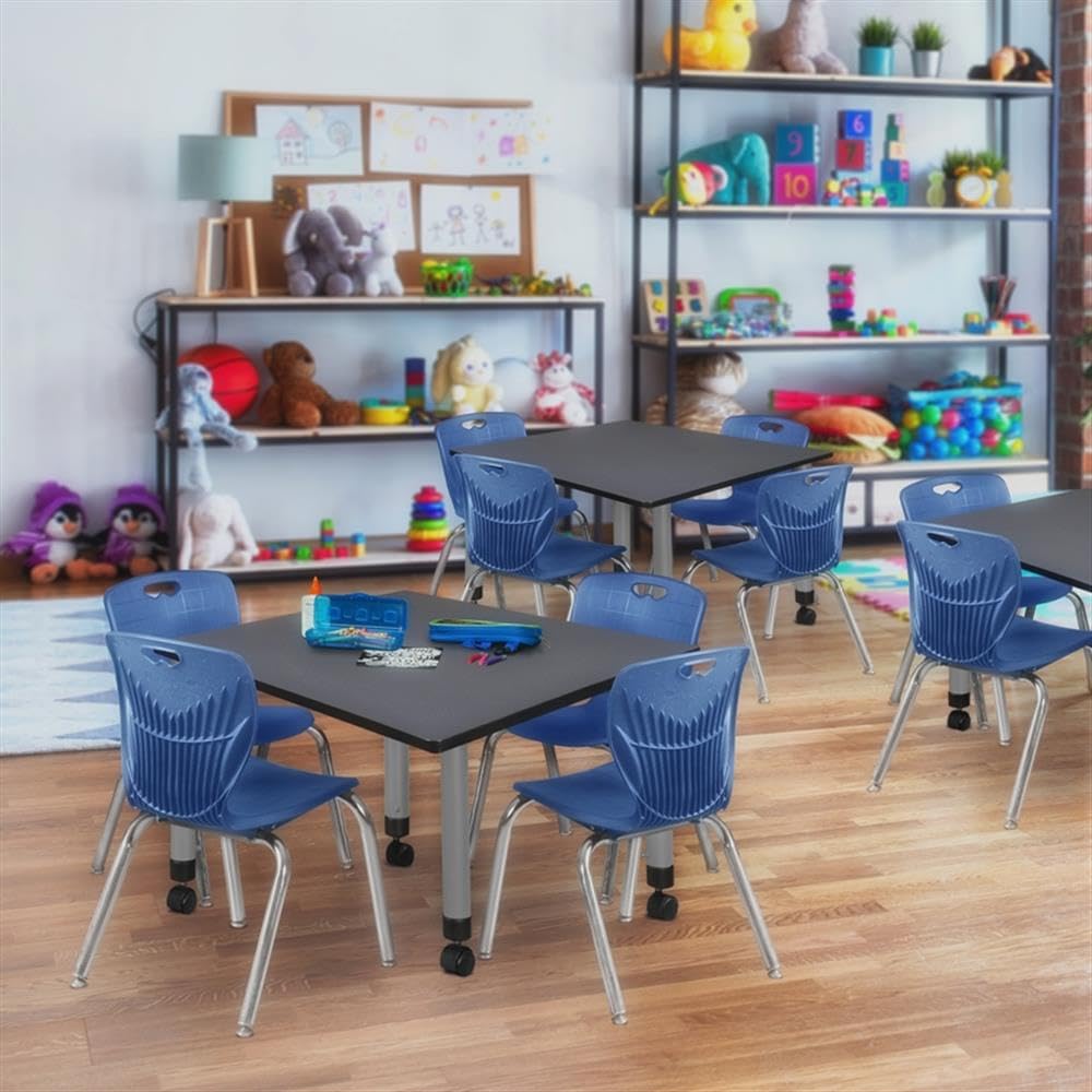 42" Square Mobile Table with 4 Blue Stack Chairs Y758884