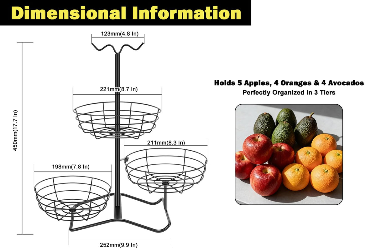 3 Tier Fruit Basket Bowl with 2 Banana Hooks Z221