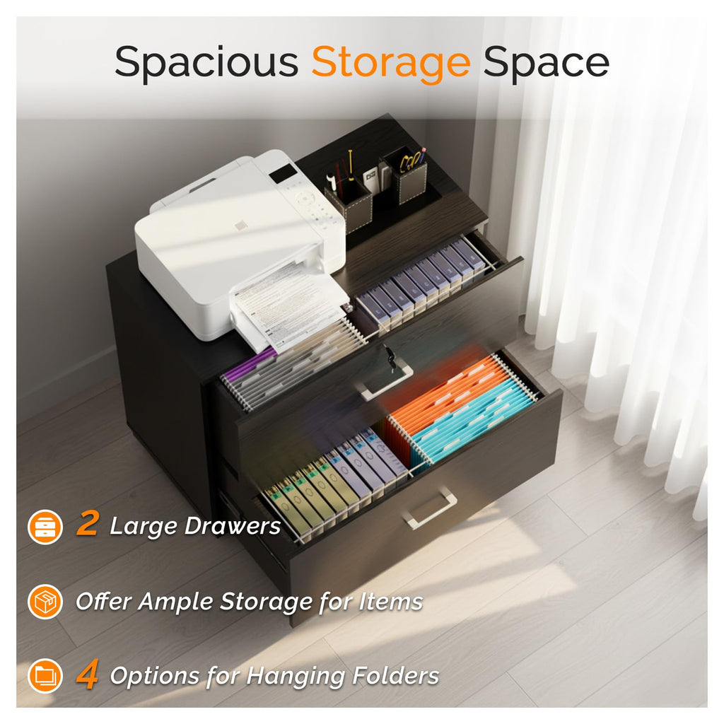 Black 2 Drawer Wood Lateral File Cabinet with Lock M677803