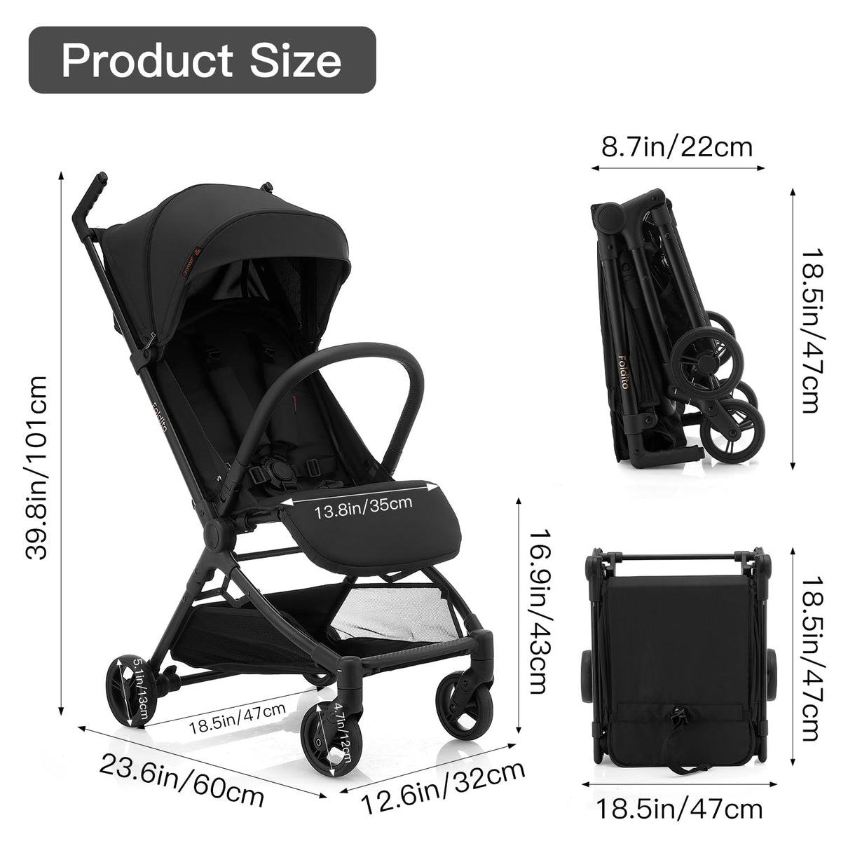 Ultra Compact Lightweight 9.9 lbs Black Travel Stroller V138