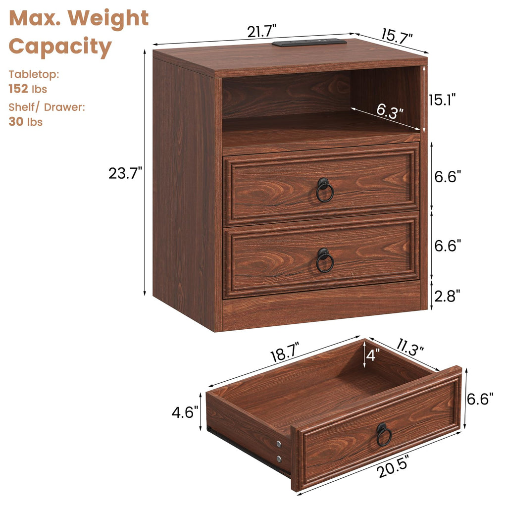 21.7" Wide Cherry Wood Nightstand with 2 Drawers U803234