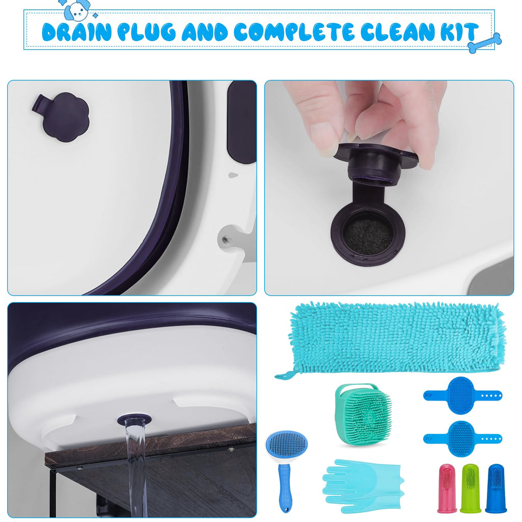 Collapsible Pet Bathtub with Water Drain Plug and Grooming Brush K5208