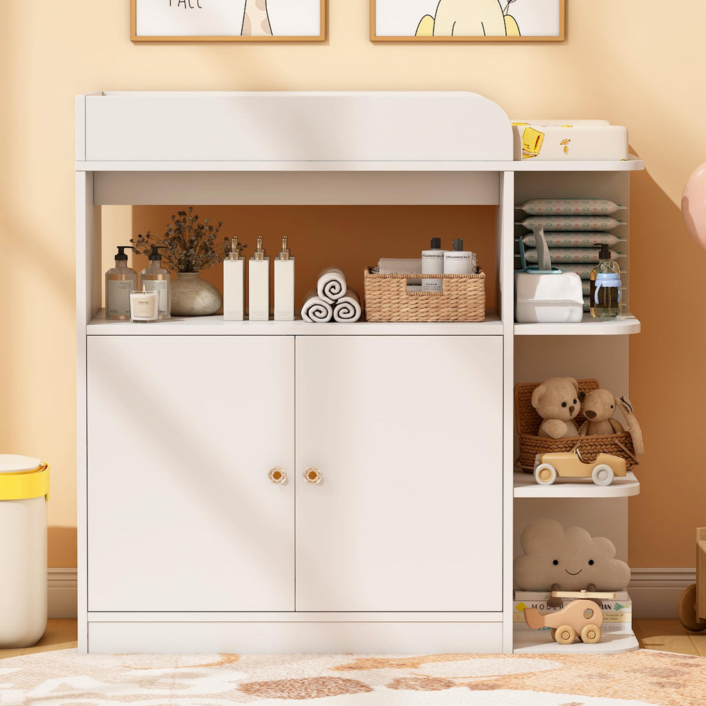White Wood Changing Table Dresser with Cabinet Y12305
