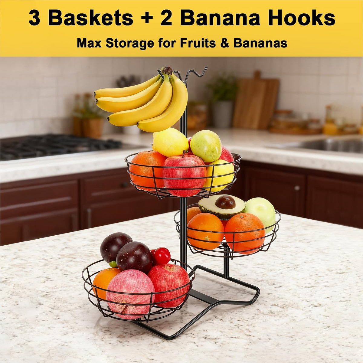 3 Tier Fruit Basket Bowl with 2 Banana Hooks Z221