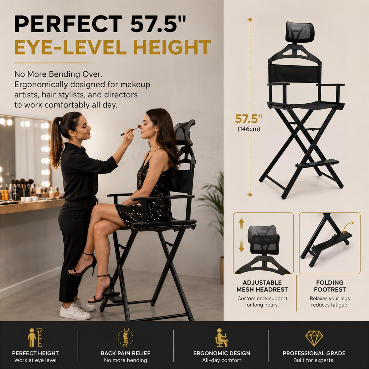 Gold Portable Collapsible Tall Makeup Artist Chair with Head Rest G70046