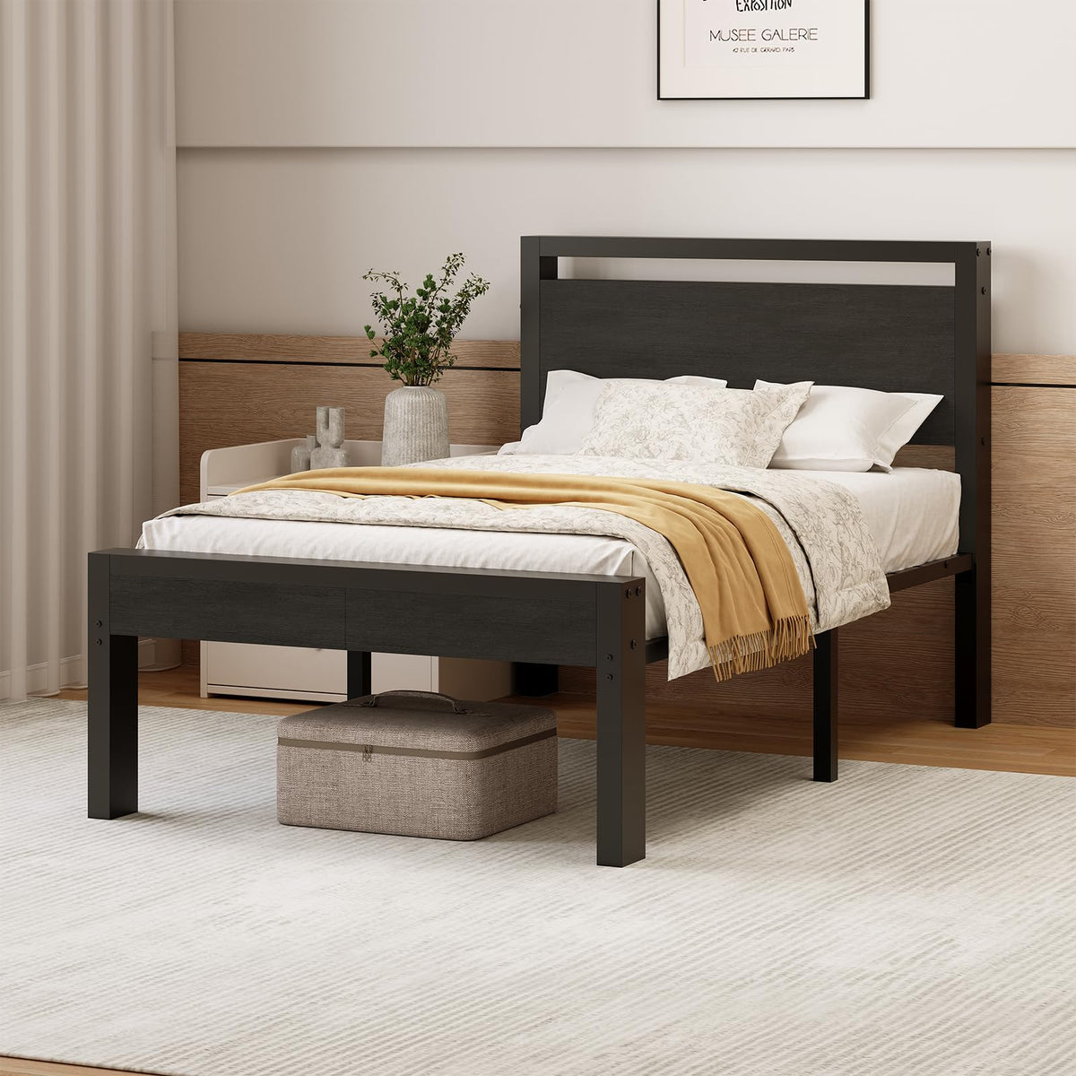 14 Inch Twin Size Metal Bed Frame with Wood Headboard I994