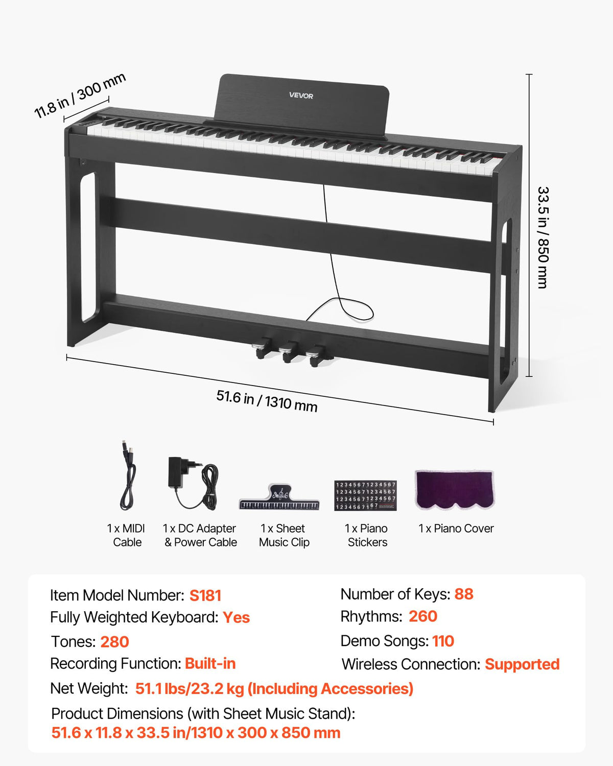 88 Keys Weighted Digital Piano with Furniture Stand and Triple Pedal, Black K33691
