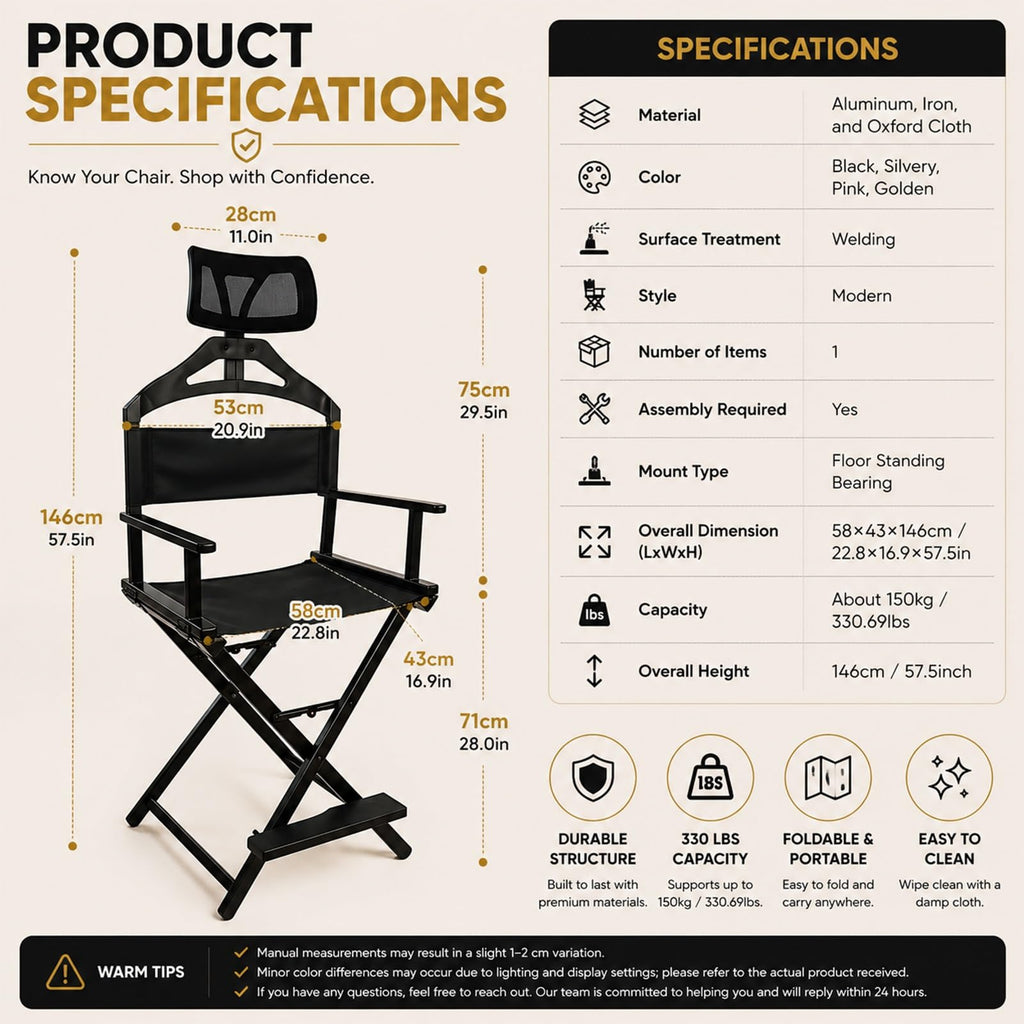Gold Portable Collapsible Tall Makeup Artist Chair with Head Rest G70046