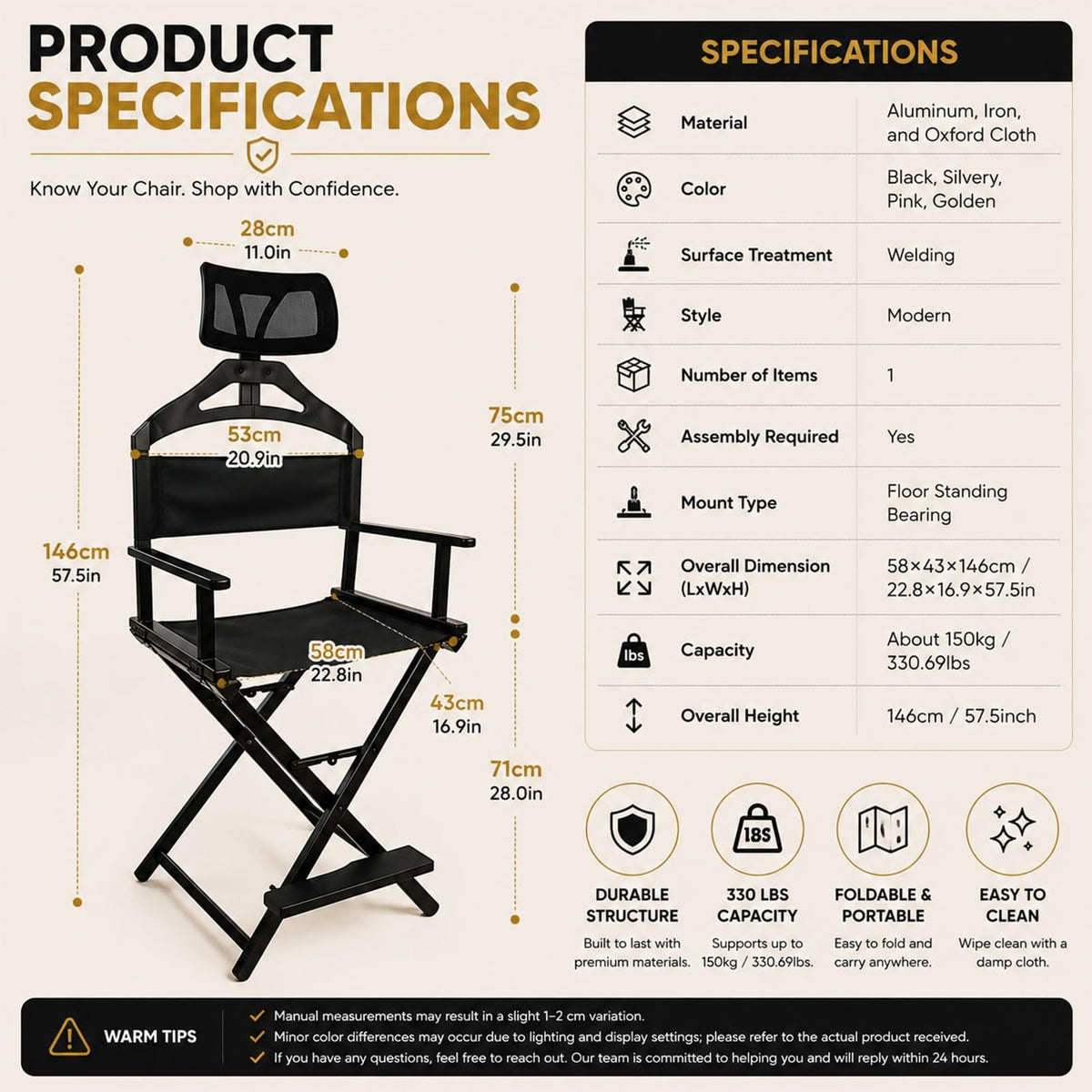 Gold Portable Collapsible Tall Makeup Artist Chair with Head Rest G70046
