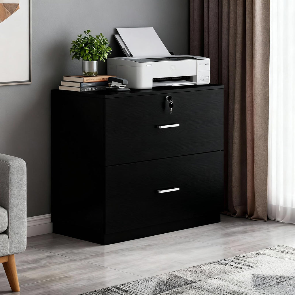 Black 2 Drawer Wood Lateral File Cabinet with Lock M677803
