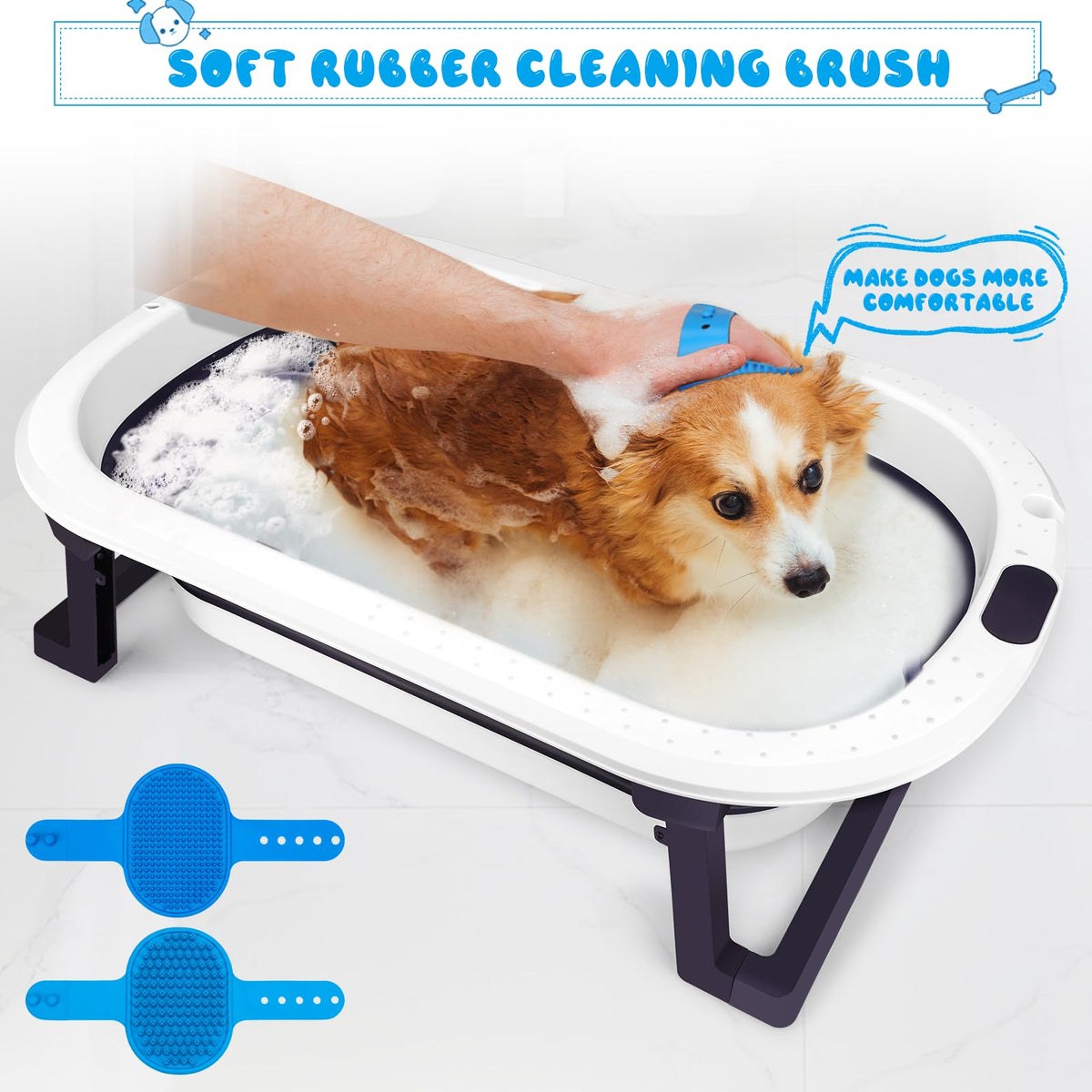 Collapsible Pet Bathtub with Water Drain Plug and Grooming Brush K5208