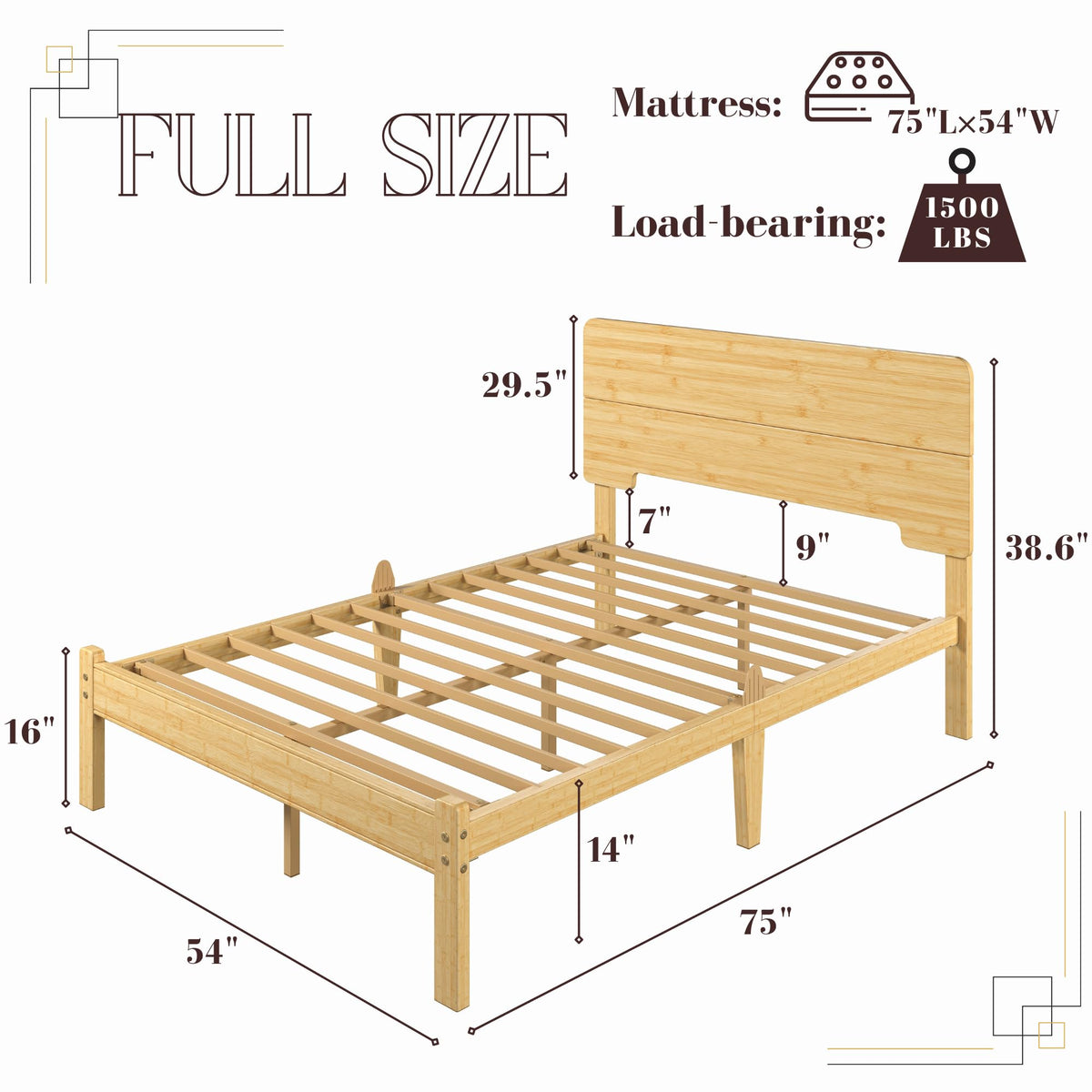 14 inch Bamboo Full Bed Frame with Headboard X320