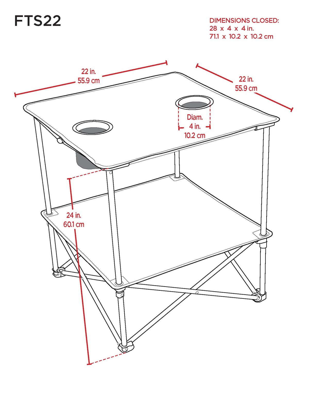 22” Square Compact Outdoor Folding Table with Cup Holders and Carry Bag Y89611