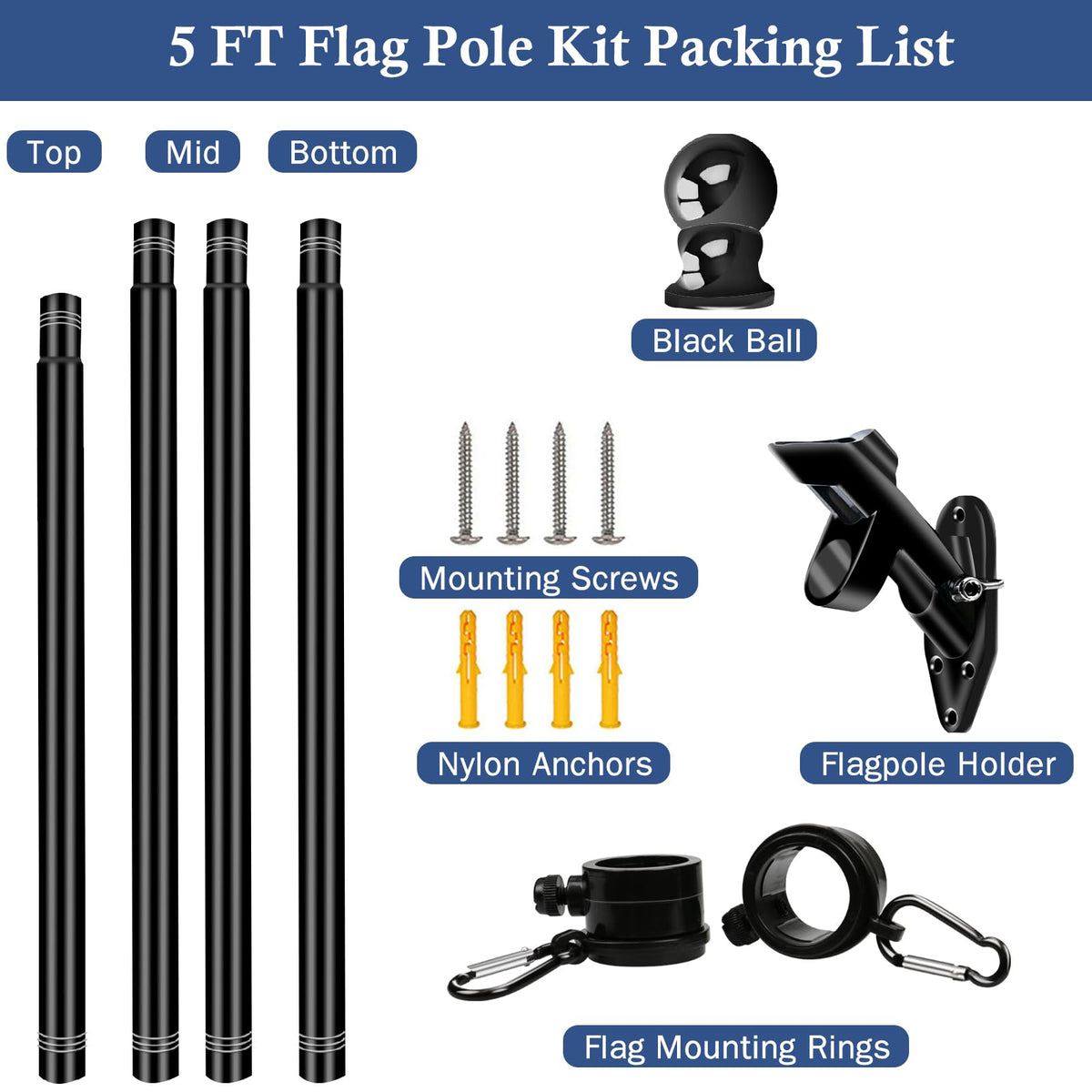 5FT Stainless Steel Wall Mounted Flag Pole Kit with Holder G649
