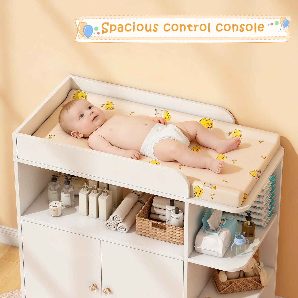 White Wood Changing Table Dresser with Cabinet Y12305