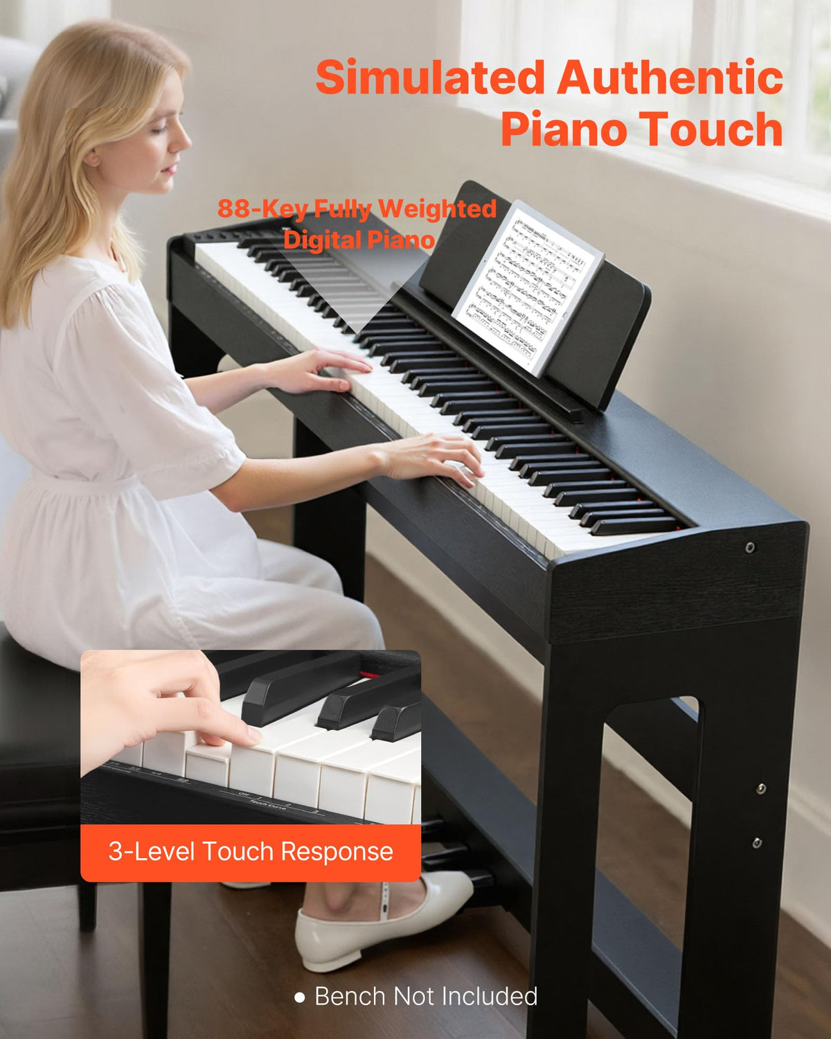 88 Keys Weighted Digital Piano with Furniture Stand and Triple Pedal, Black K33691
