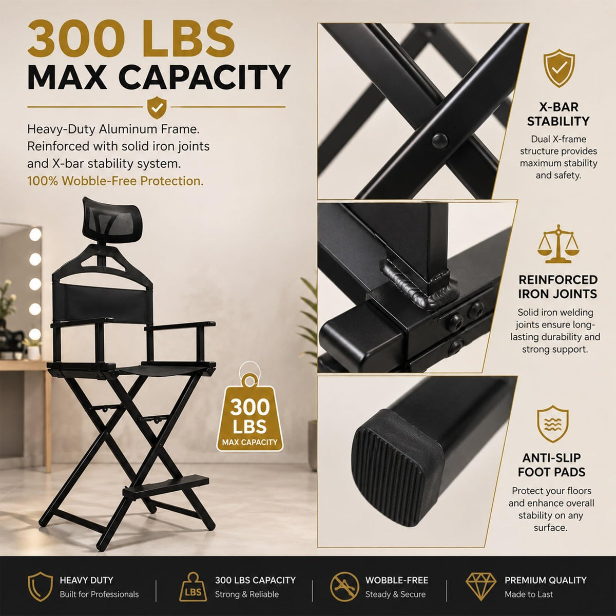 Gold Portable Collapsible Tall Makeup Artist Chair with Head Rest G70046