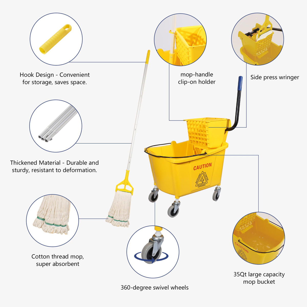 35Qt. Side-Press Mop Bucket and Wringer Combo on Wheels, Yellow J738788