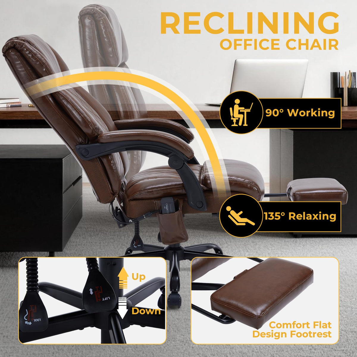 Brown Heated Massage Reclining Leather Office Chair with Foot Rest X162447