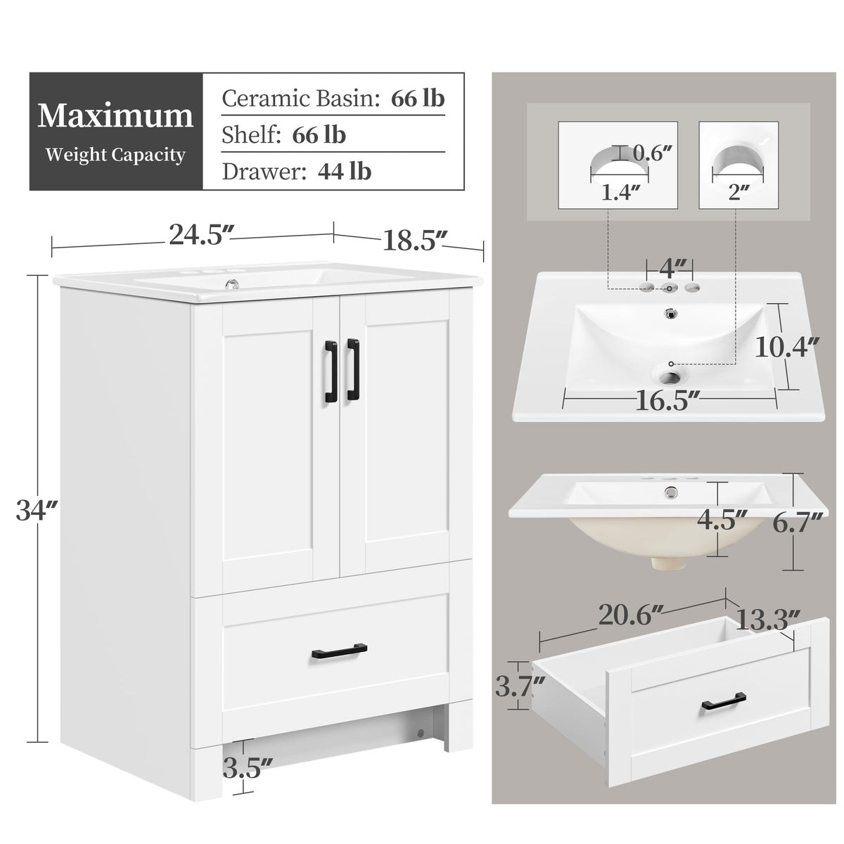 24" White Bathroom Vanity with Sink P298