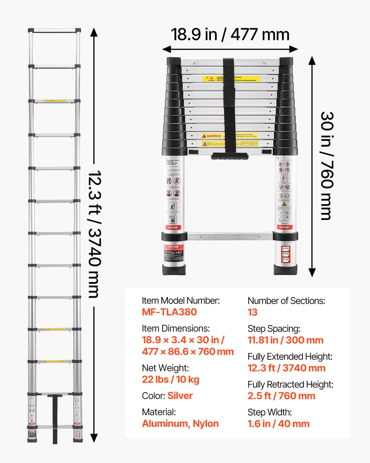 12.5ft Aluminum Telescoping Ladder 330LBS I205