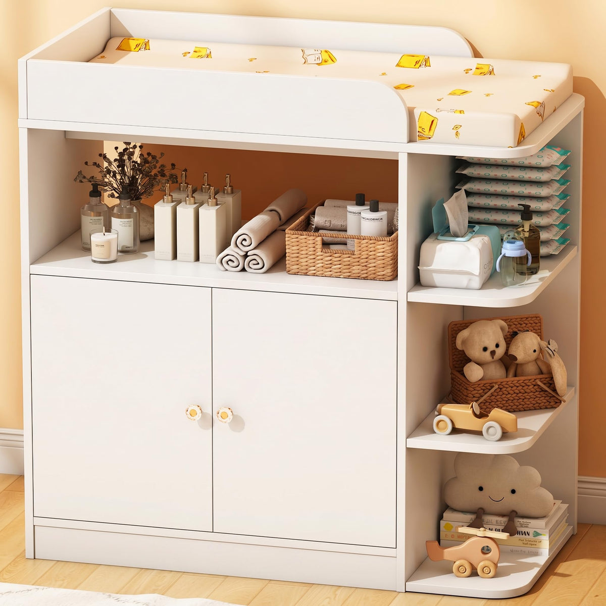 White Wood Changing Table Dresser with Cabinet Y12305