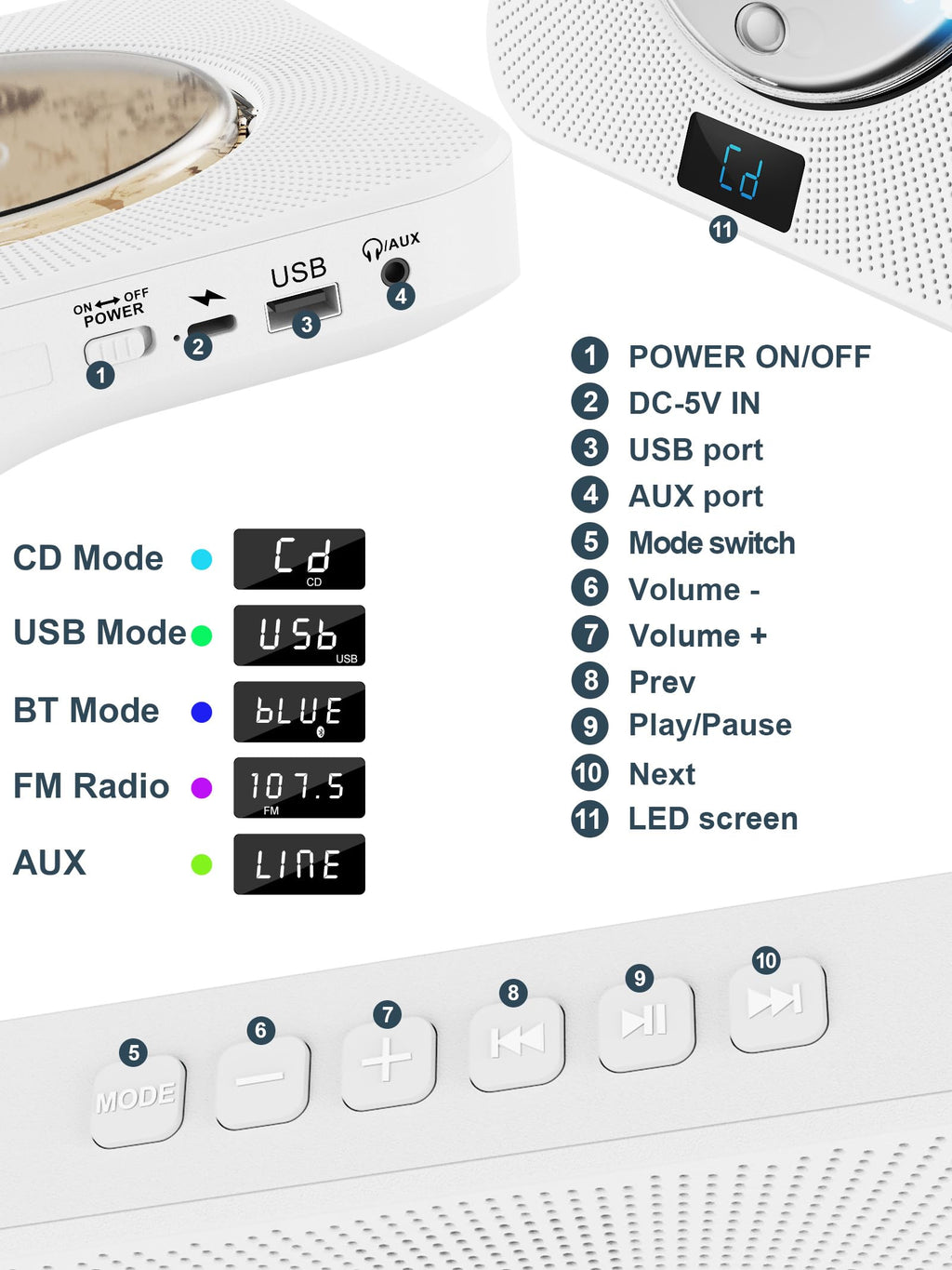 White Portable CD Player with Bluetooth A6732