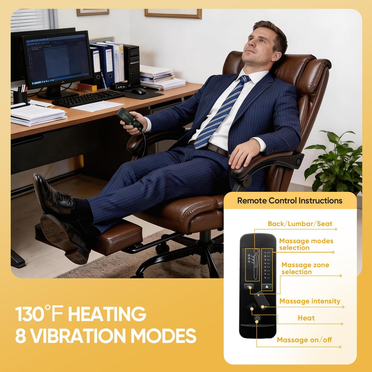 Brown Heated Massage Reclining Leather Office Chair with Foot Rest X162447