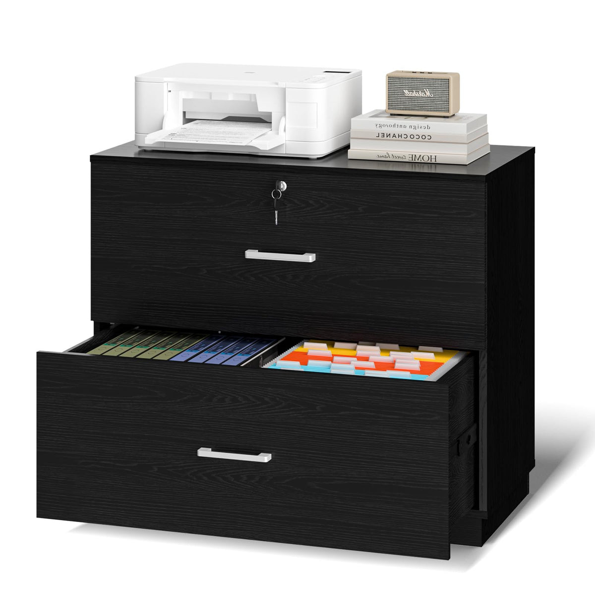 Black 2 Drawer Wood Lateral File Cabinet with Lock M677803