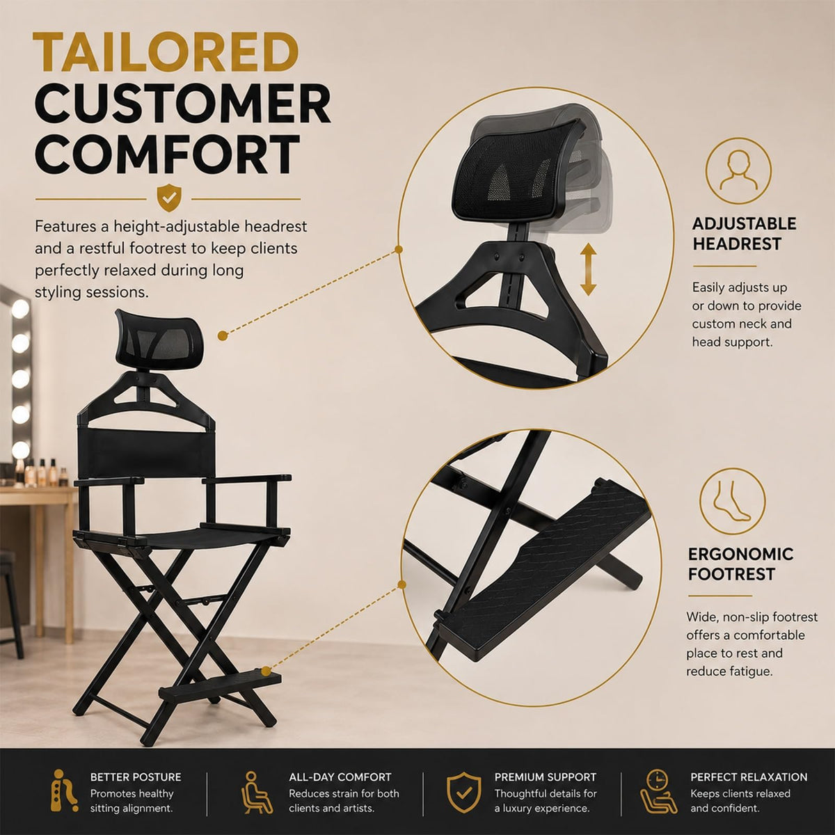 Gold Portable Collapsible Tall Makeup Artist Chair with Head Rest G70046