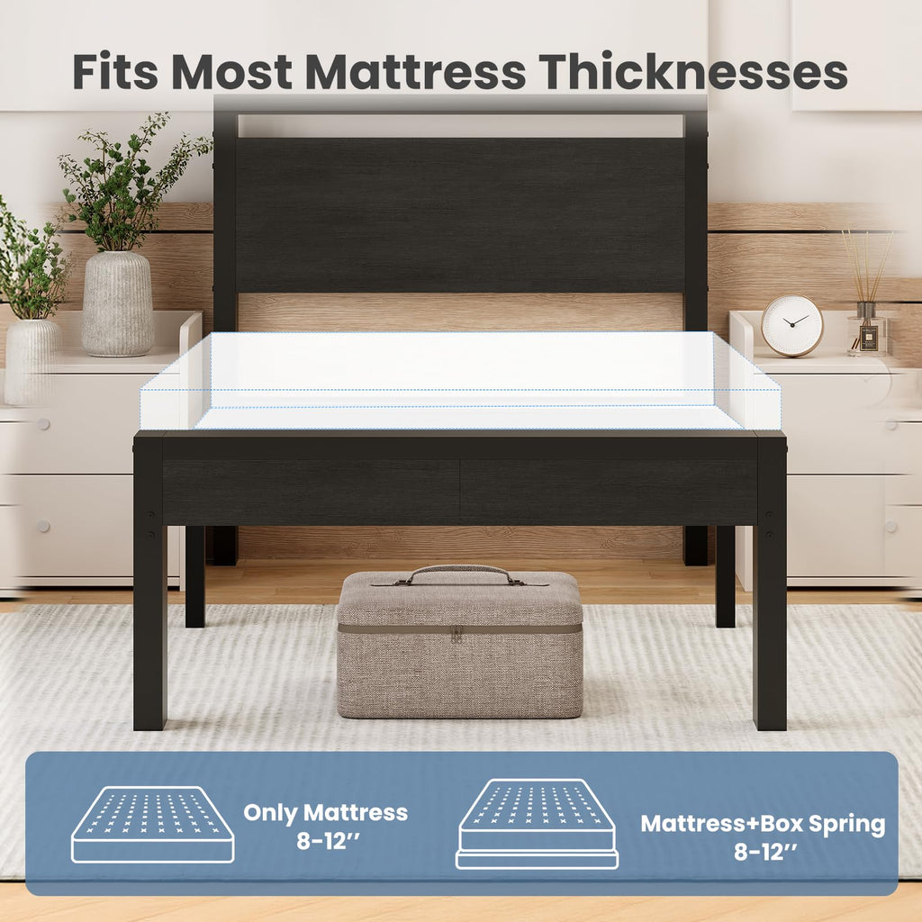 14 Inch Twin Size Metal Bed Frame with Wood Headboard I994