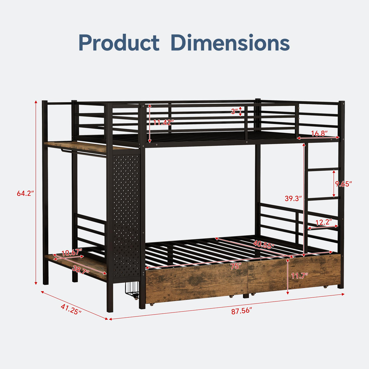 Twin Over Twin Metal Bunk Bed with Storage S1344