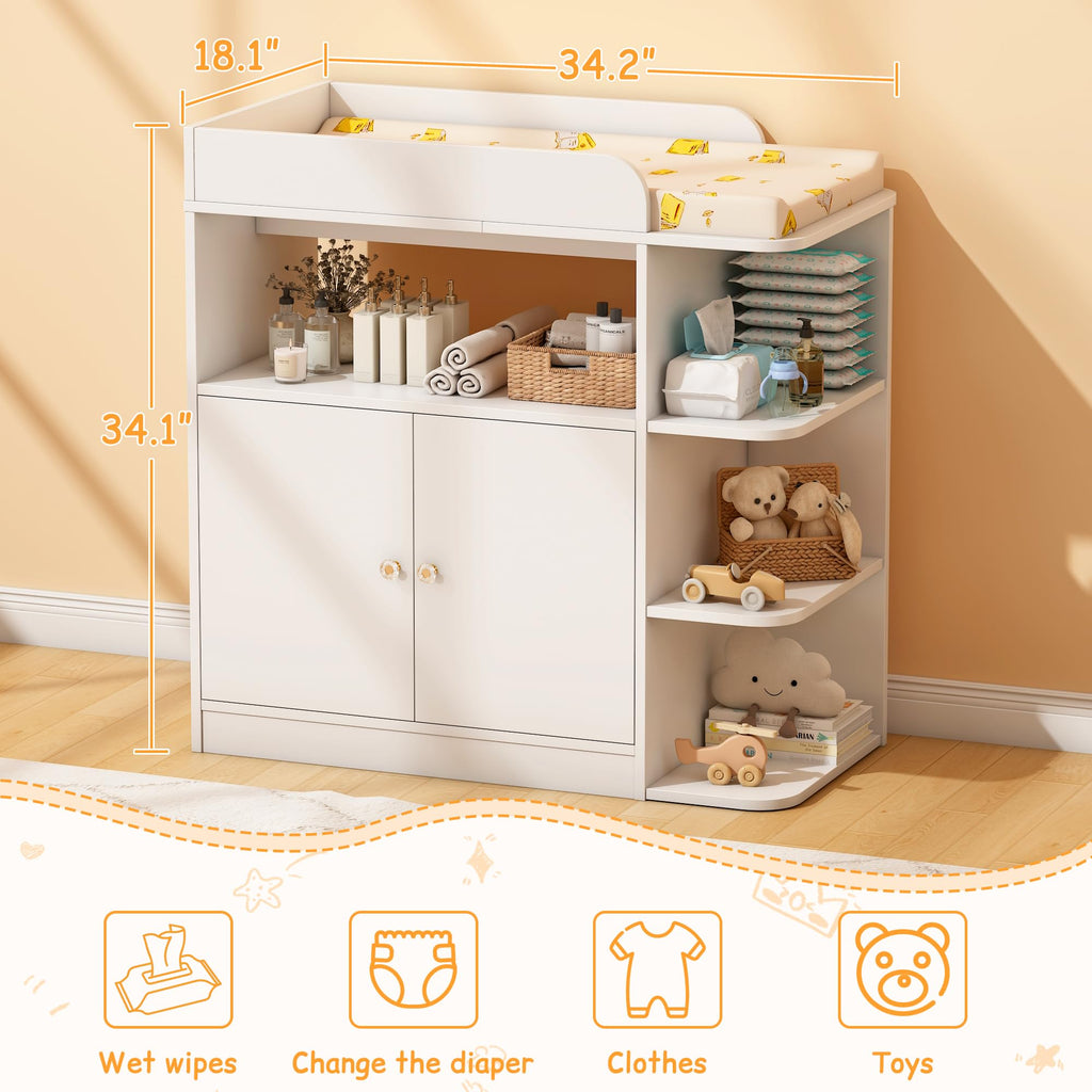 White Wood Changing Table Dresser with Cabinet Y12305