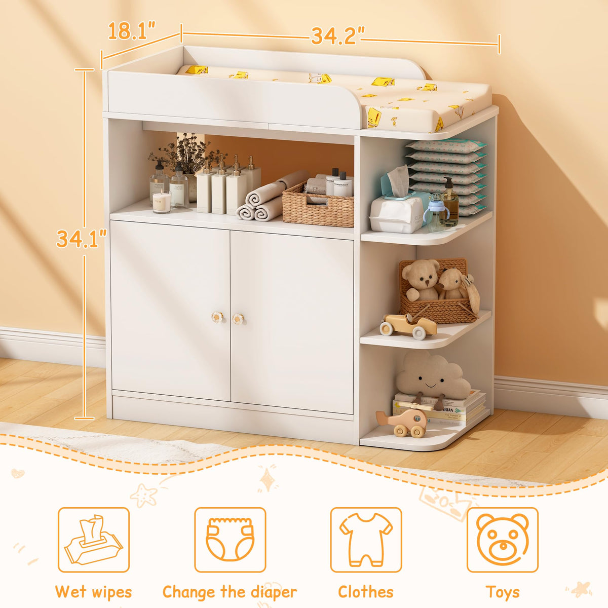 White Wood Changing Table Dresser with Cabinet Y12305