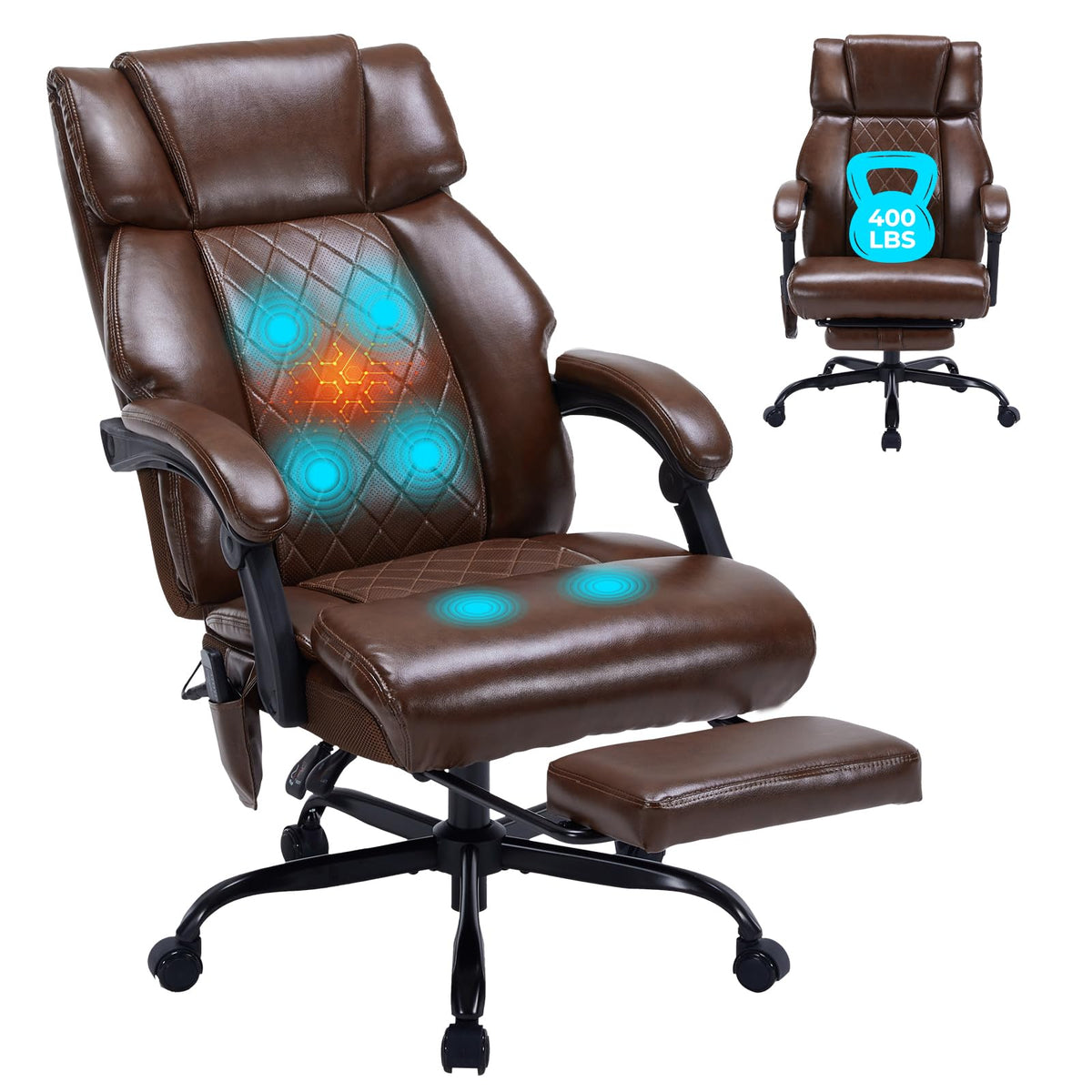 Brown Heated Massage Reclining Leather Office Chair with Foot Rest X162447