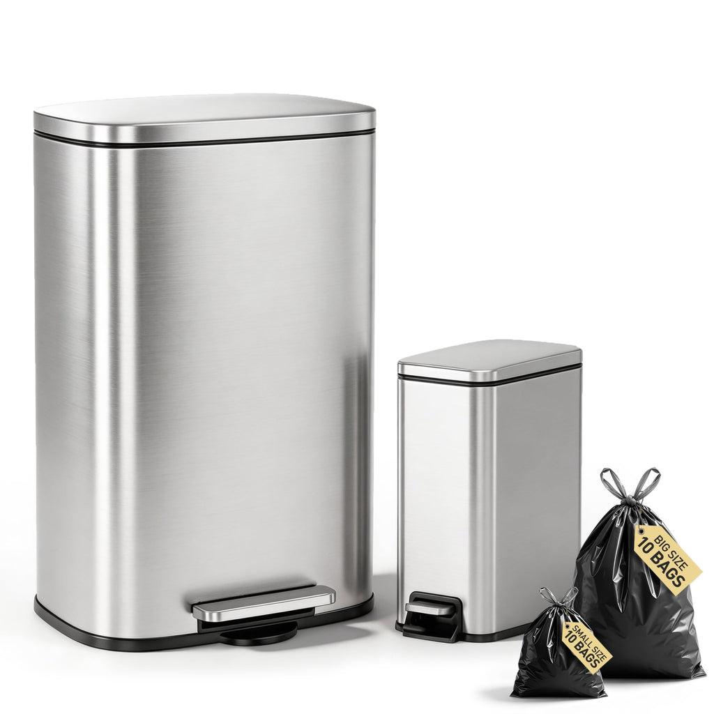 13 Gallon and 1.6 Gallon Stainless Steel Trash Can Set with Lid and Step-on Pedal D8618