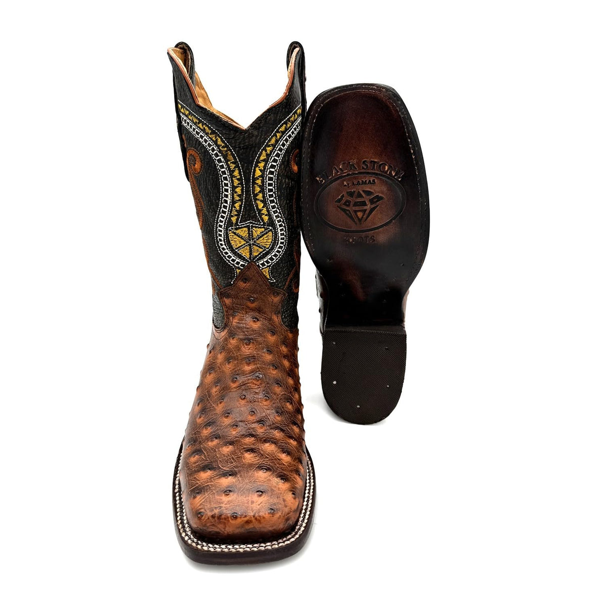 Leather Ostrich Quill Print Square Toe Western Cowboy Boot B98419