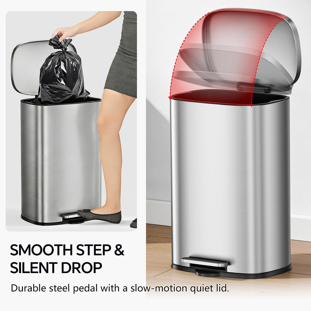 13 Gallon and 1.6 Gallon Stainless Steel Trash Can Set with Lid and Step-on Pedal D8618